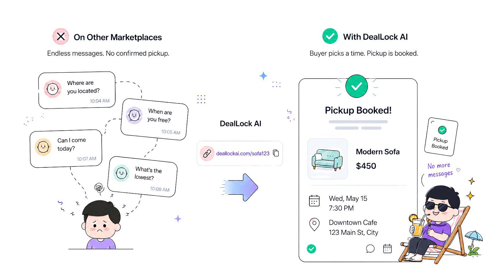 Marketplace chats compare with a DealLock AI booking flow where the buyer picks a pickup time.